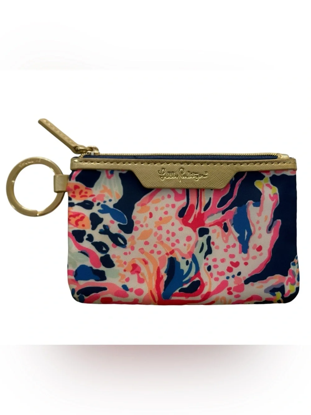 Lilly Pulitzer “Seaing Things” Navy Floral Card Zipper Wallet Keyring Gold Trim